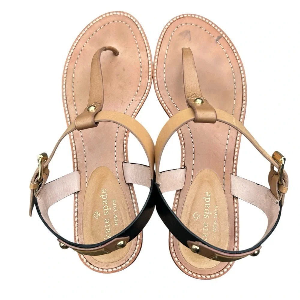 Kate Spade Sky Flat Sandals 9 Luggage Natural Black Vachetta Coastal Boho